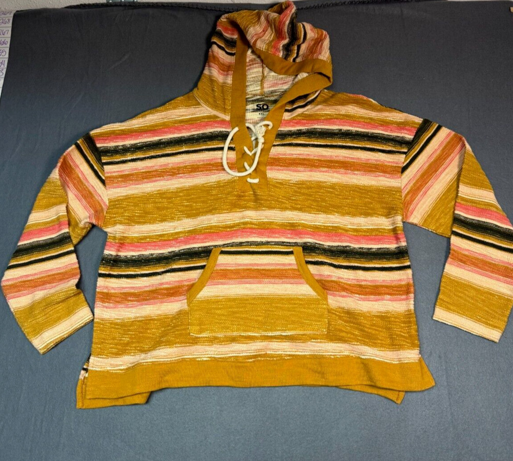 So Lace Up Hoodie with Kangaroo Long Sleeve Stretch Brown Stripe Women's XXL